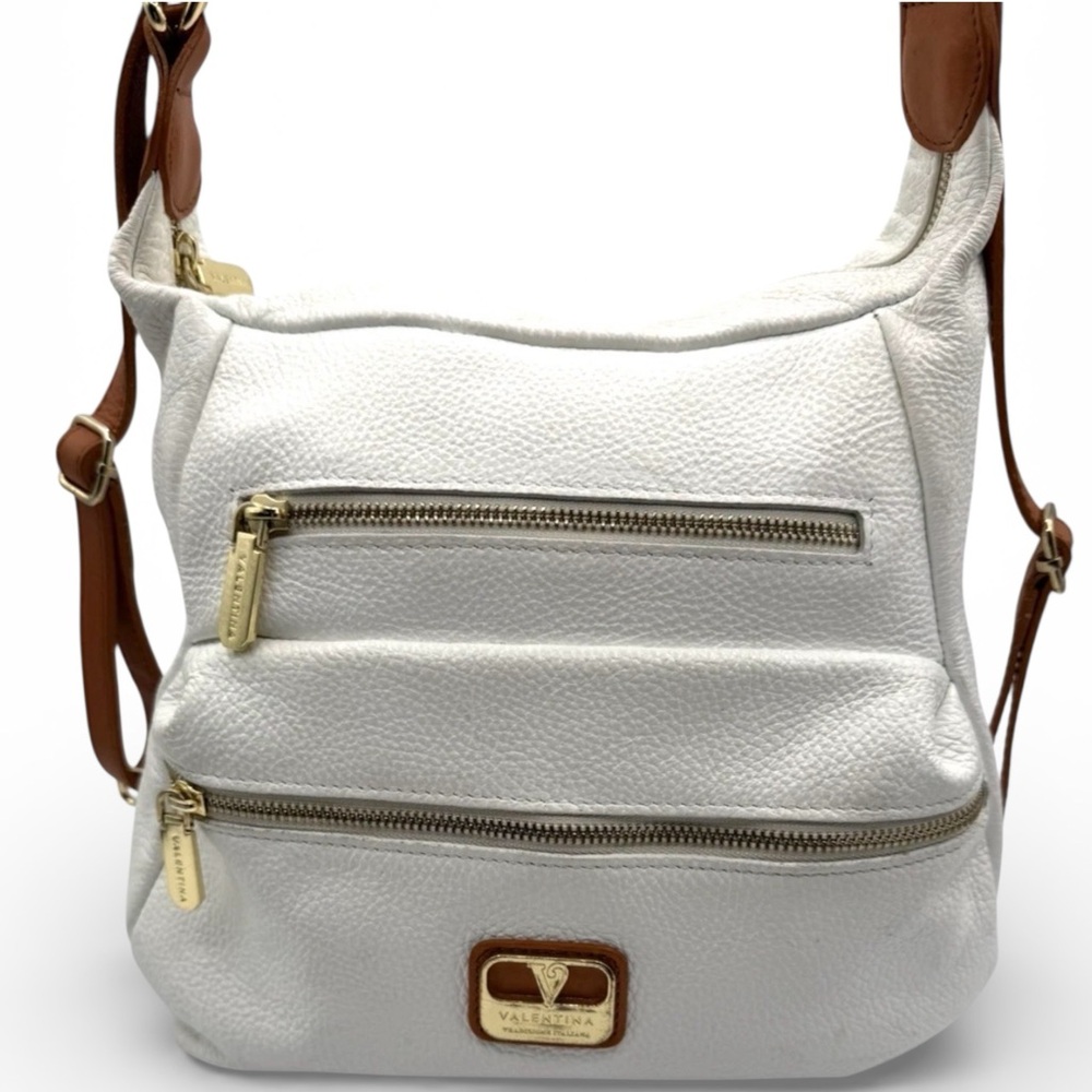 Valentina White Pebble Italian Leather Convertible Backpack Shoulder Bag